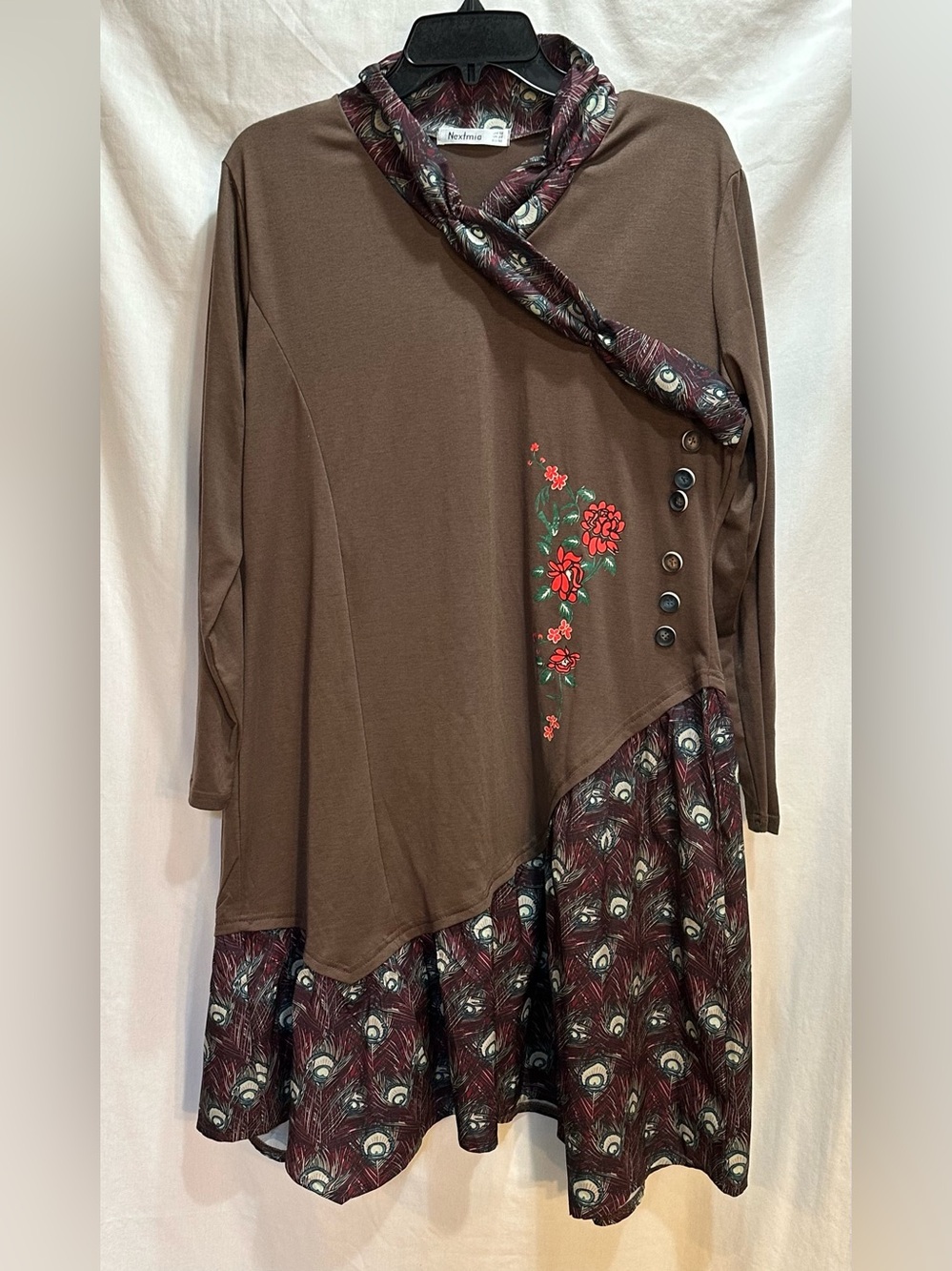 Nextmia Brown Tunic with Peacock-Print Scarf  Trim and bottom ruffle.